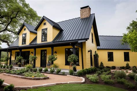 metal roof on yellow house|yellow house with charcoal roof.